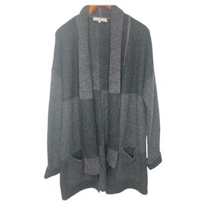 Qi Cashmere Open Front Cardigan Black & Gray Long Sleeve Sweater Soft Pockets